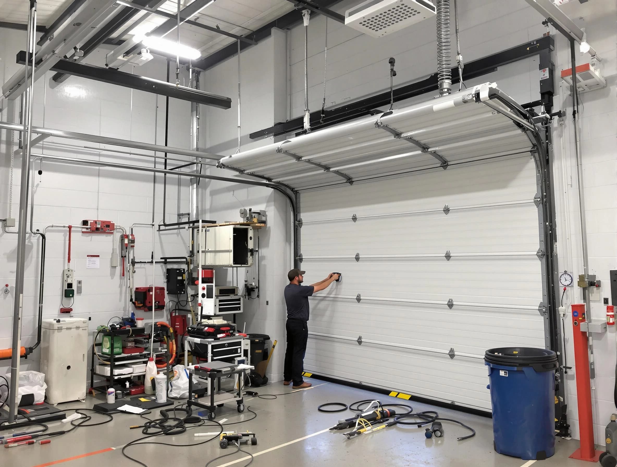 Palmetto Garage Door Repair certified technician performing commercial door repair at a Palmetto business facility