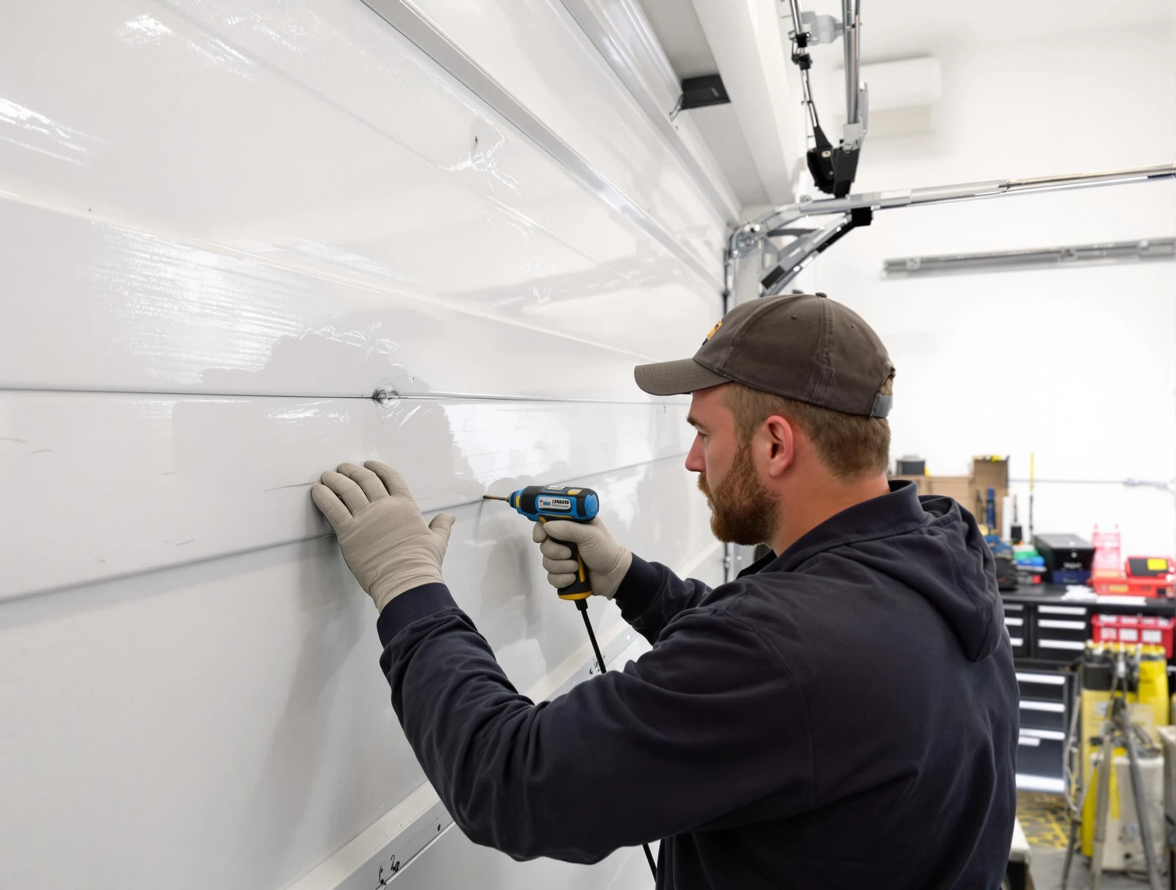 Palmetto Garage Door Repair technician demonstrating precision dent removal techniques on a Palmetto garage door