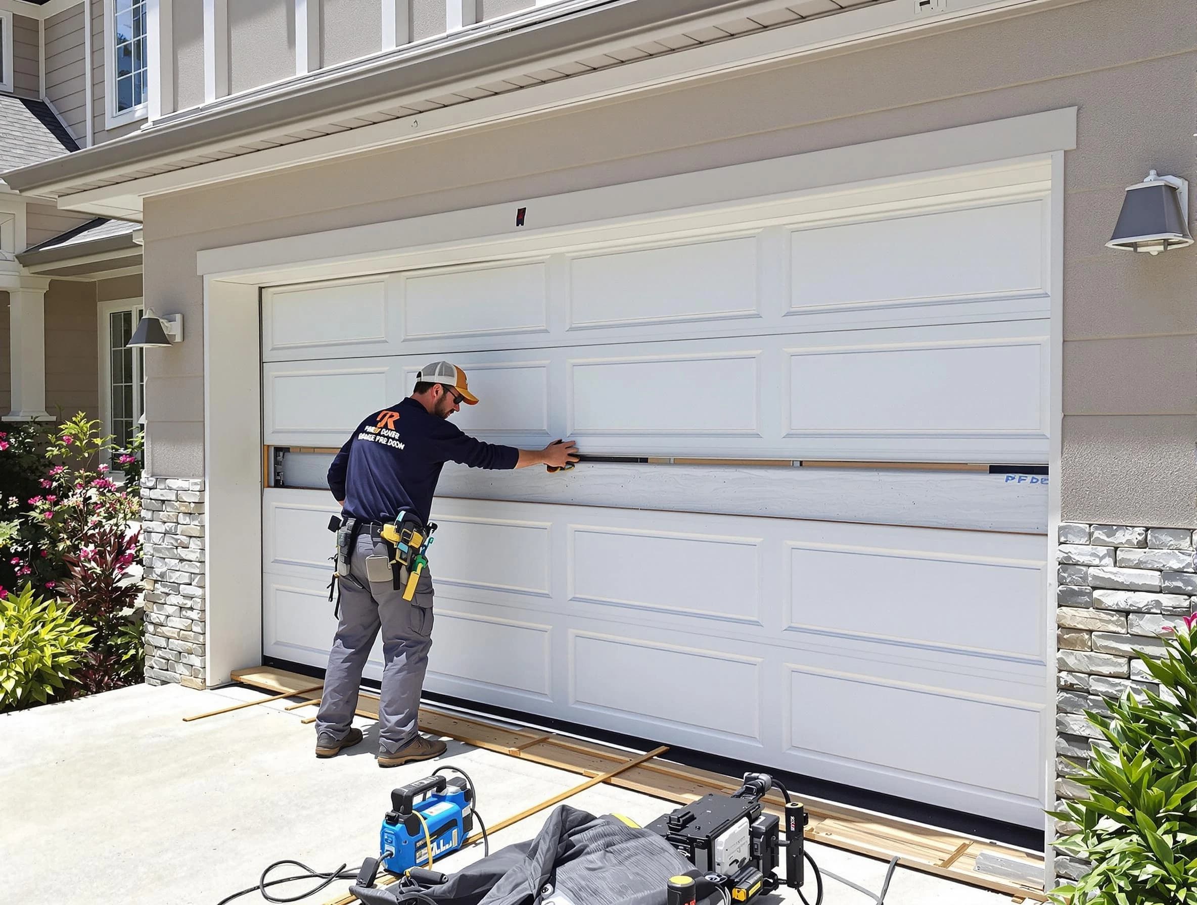 Palmetto Garage Door Repair team performing complete garage door replacement at Palmetto residence