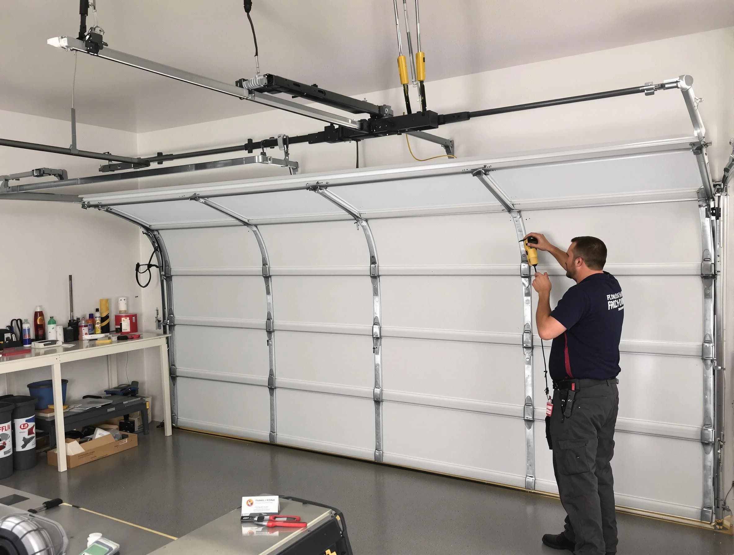 Palmetto Garage Door Repair certified technician performing overhead door system repair in Palmetto