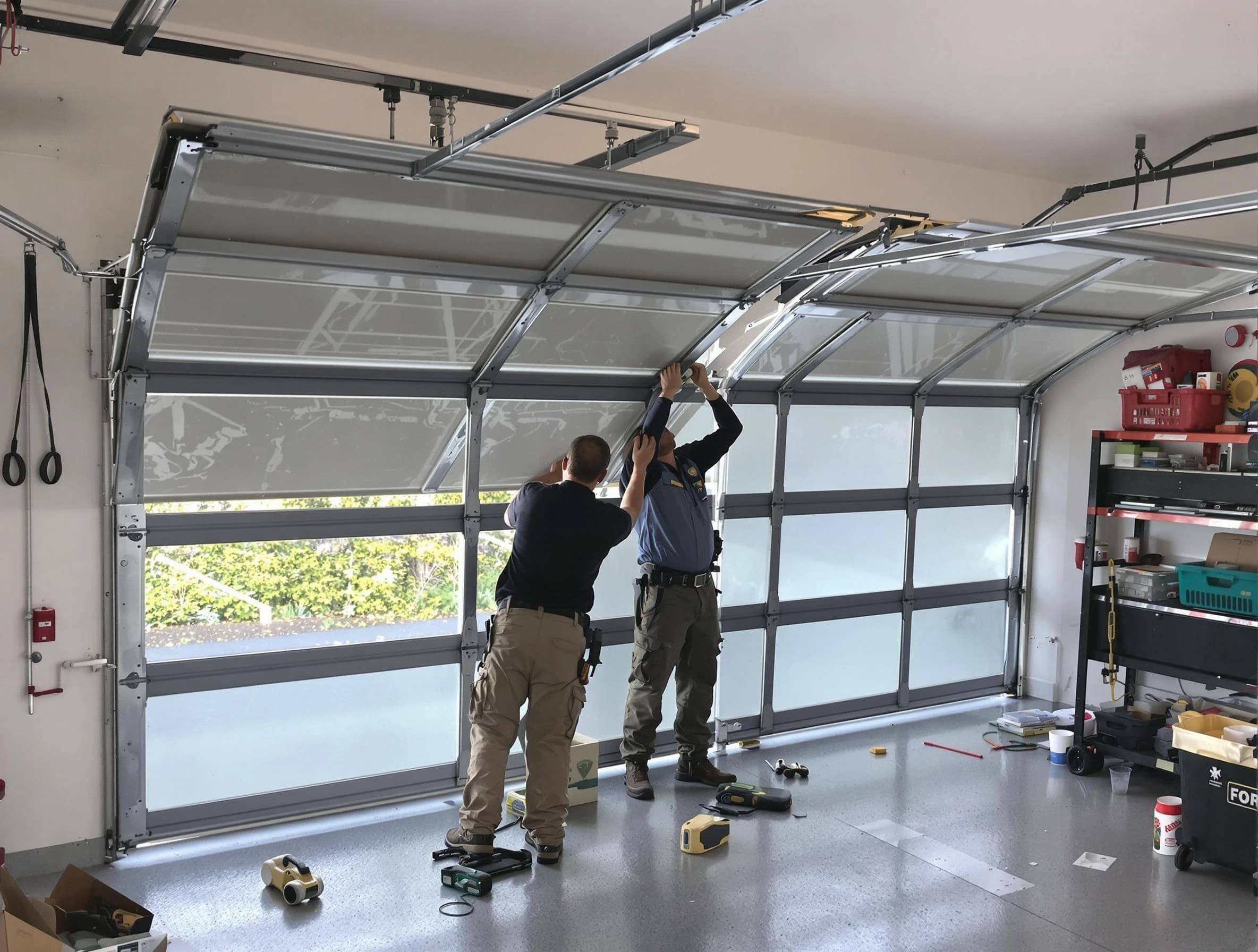 Palmetto Garage Door Repair expert performing precise panel replacement on Palmetto garage door