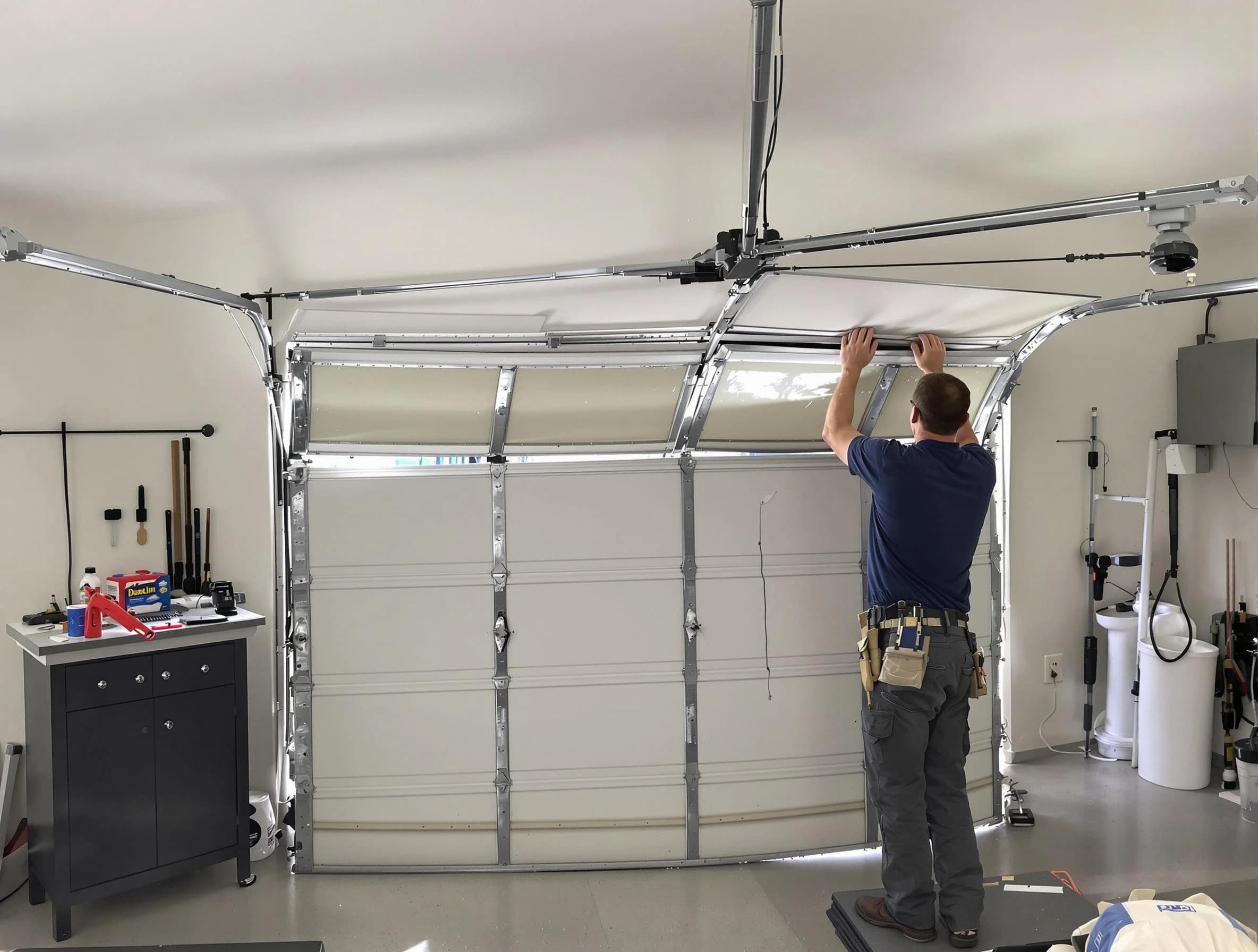 Palmetto Garage Door Repair specialist performing precise section replacement on Palmetto garage door