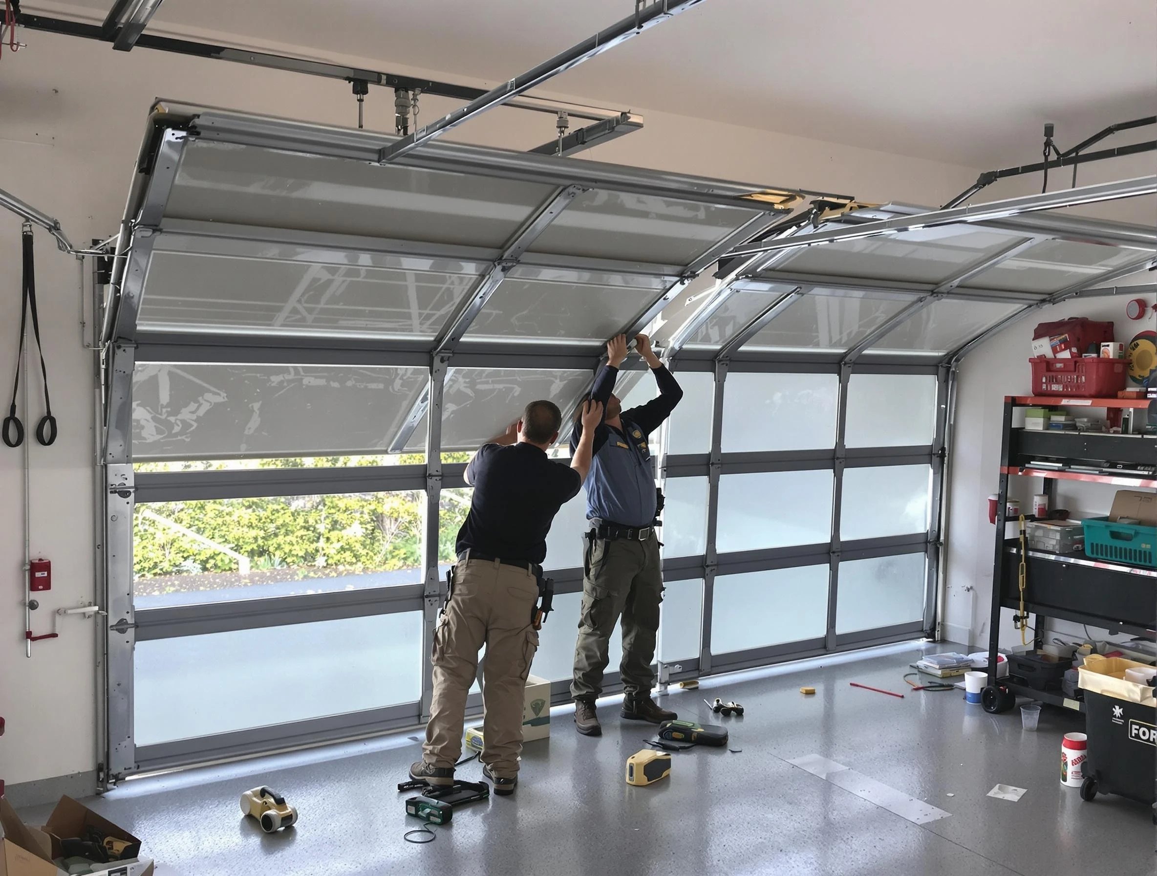 Palmetto Garage Door Repair expert performing precise panel replacement on Palmetto garage door