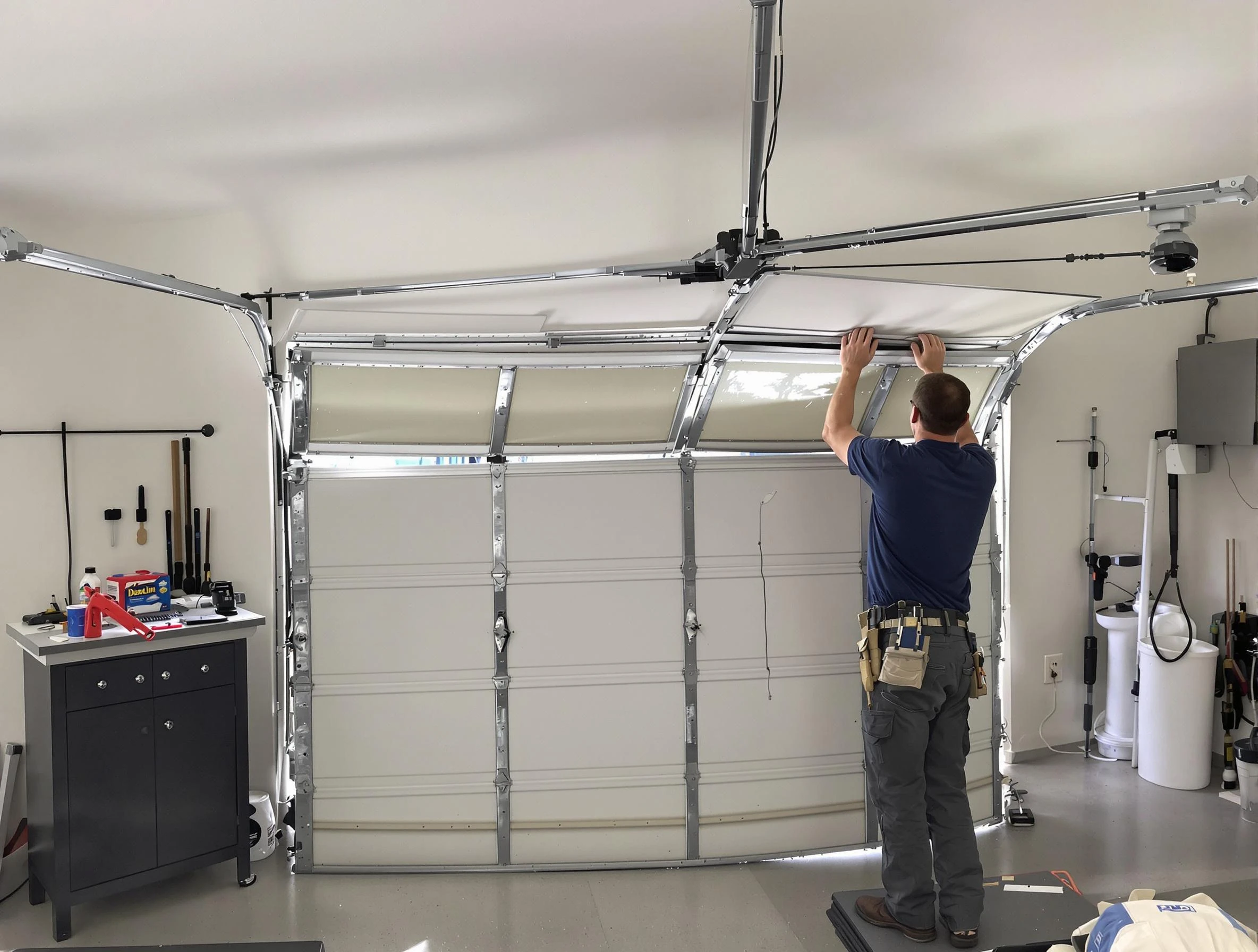 Palmetto Garage Door Repair specialist performing precise section replacement on Palmetto garage door
