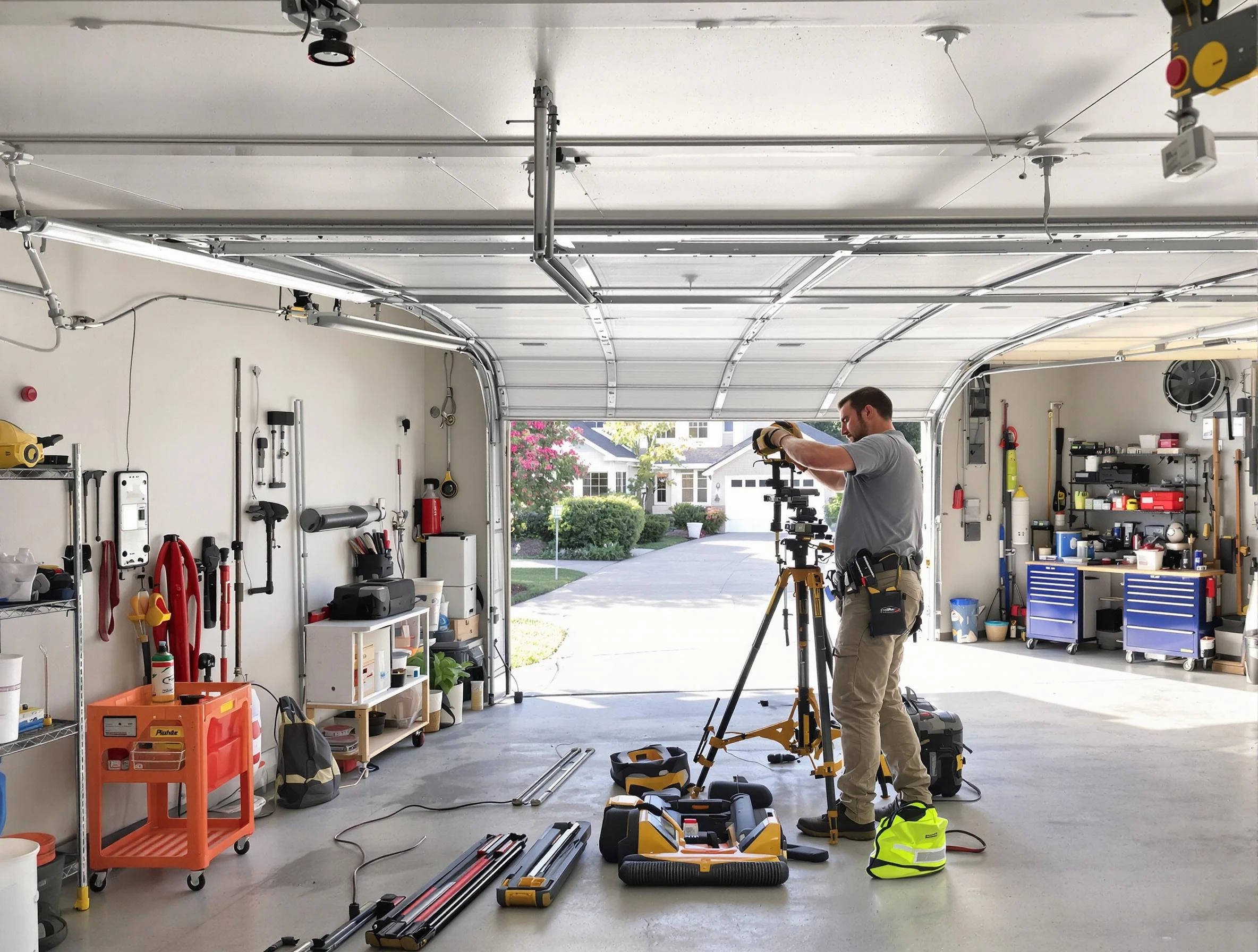 Palmetto Garage Door Repair specialist performing laser-guided track alignment in Palmetto